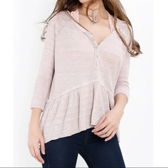 We the Free Free People Pink Coastline Peplum Long Sleeve Ruffle Hem Sweater Med - Picture 2 of 11